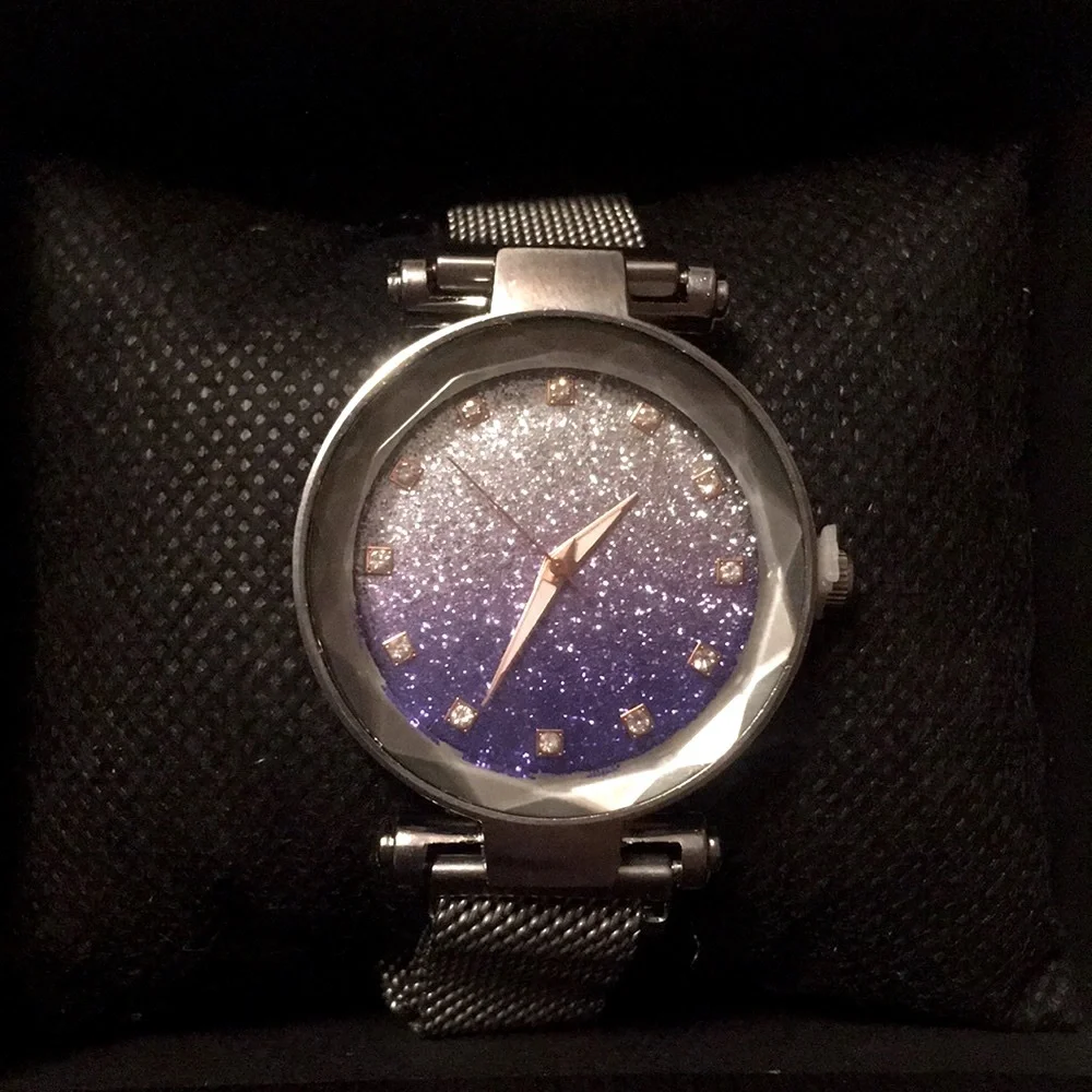 Quartz Glitter Purple/ Army Green Case Cover W/ Grey Straps Waterproof Watch